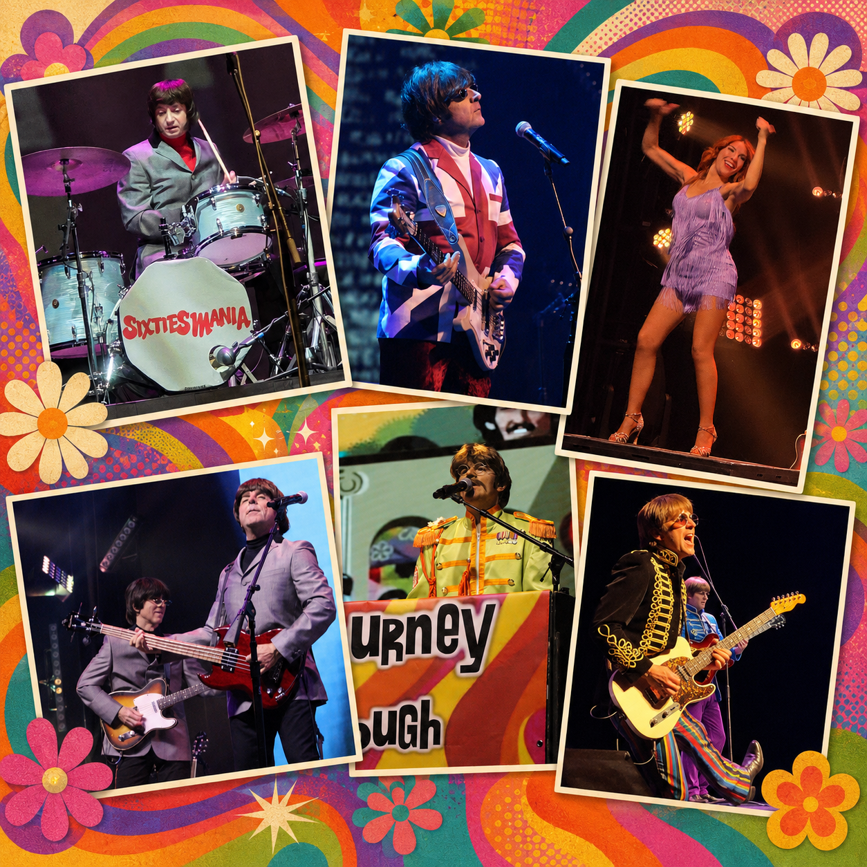 Sixtiesmania® A Journey Through the ’60s | Live Tribute Show Sixtiesmania performers live on stage in colorful 1960s-inspired costumes, arranged in a psychedelic retro concert collage.